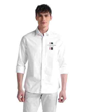 U.S. POLO ASSN. Mens Cotton Regular Fit White Solid Collared Neck Long Sleeve Casual Shirts